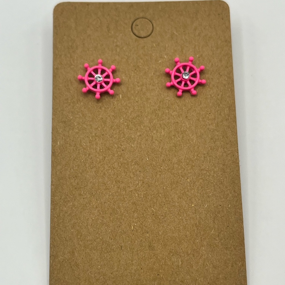 Hot pink shiny ships wheel stud earrings